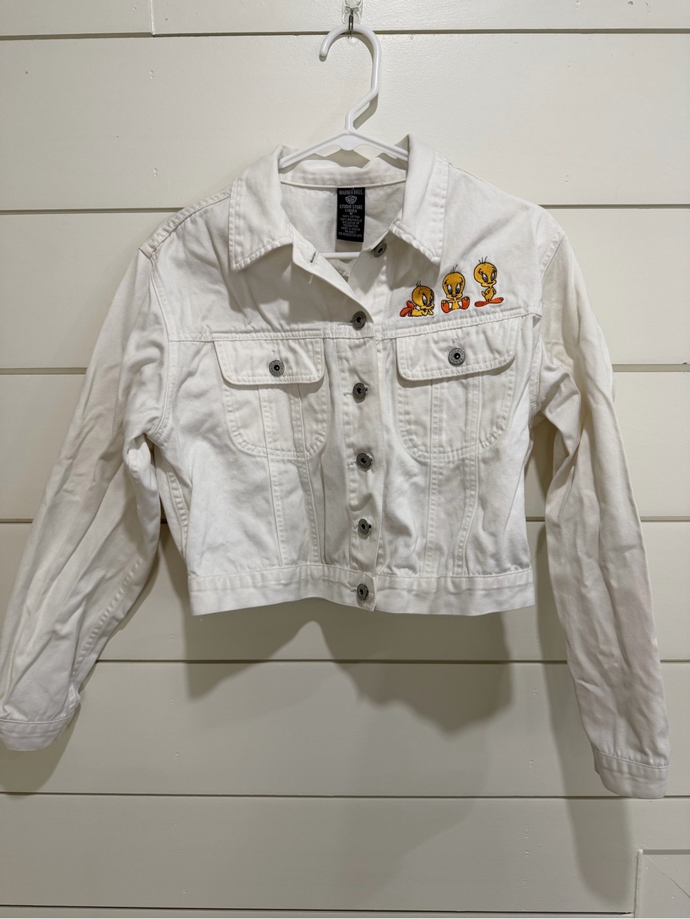 Warner Bros White Cropped Denim Jacket with Tweety Embroidery